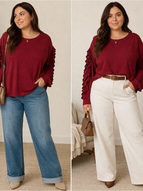 BiBi Ruffle-Sleeve Long-Sleeve Top in Burgundy 05-0188